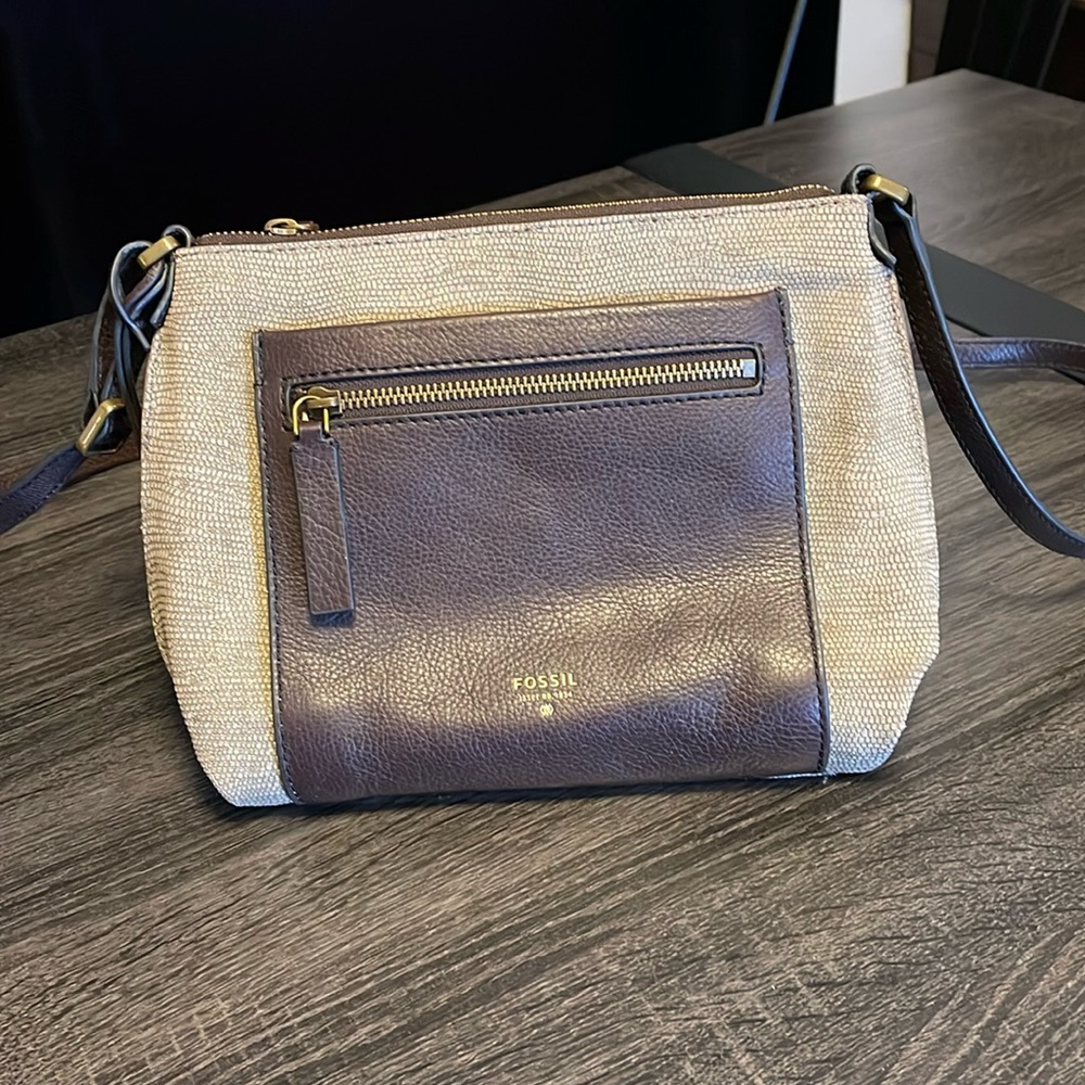 Fossil Brown/Tan/Gold Crossbody Bag with Bronze Hardware